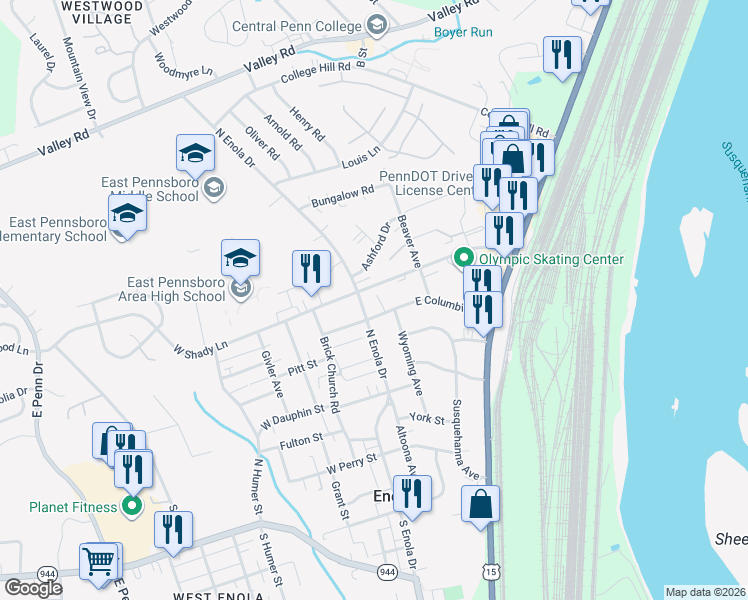 map of restaurants, bars, coffee shops, grocery stores, and more near 157 East Columbia Road in Enola