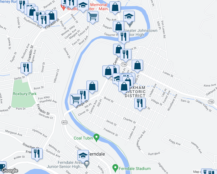 map of restaurants, bars, coffee shops, grocery stores, and more near 630 Central Avenue in Johnstown