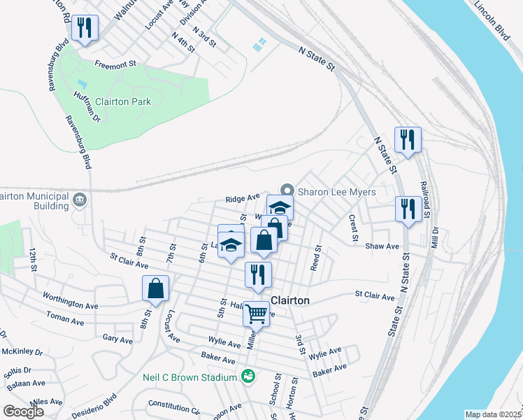 map of restaurants, bars, coffee shops, grocery stores, and more near 440 Wilson Avenue in Clairton