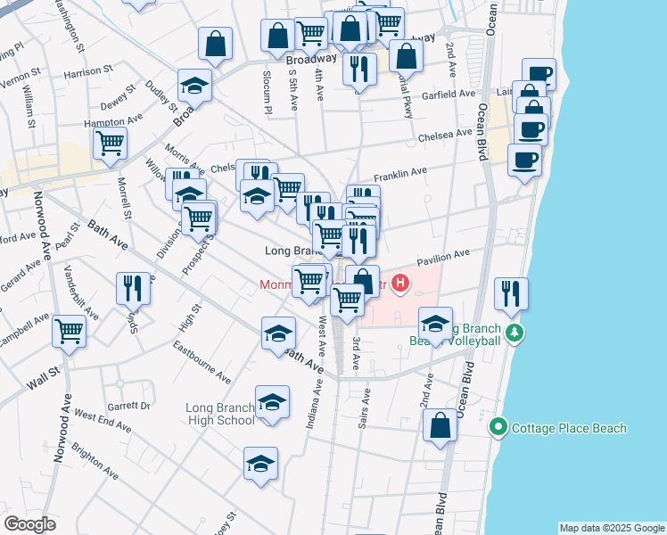 map of restaurants, bars, coffee shops, grocery stores, and more near 245 Long Branch Avenue in Long Branch