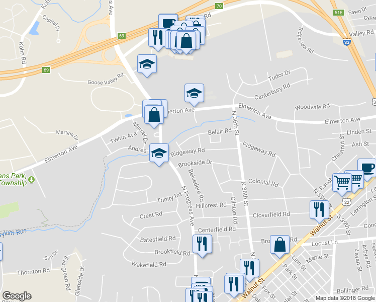 map of restaurants, bars, coffee shops, grocery stores, and more near 3501 Ridgeway Road in Harrisburg