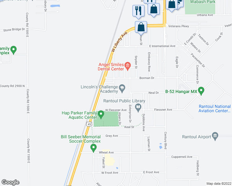 map of restaurants, bars, coffee shops, grocery stores, and more near 205 West Dodge Avenue in Rantoul