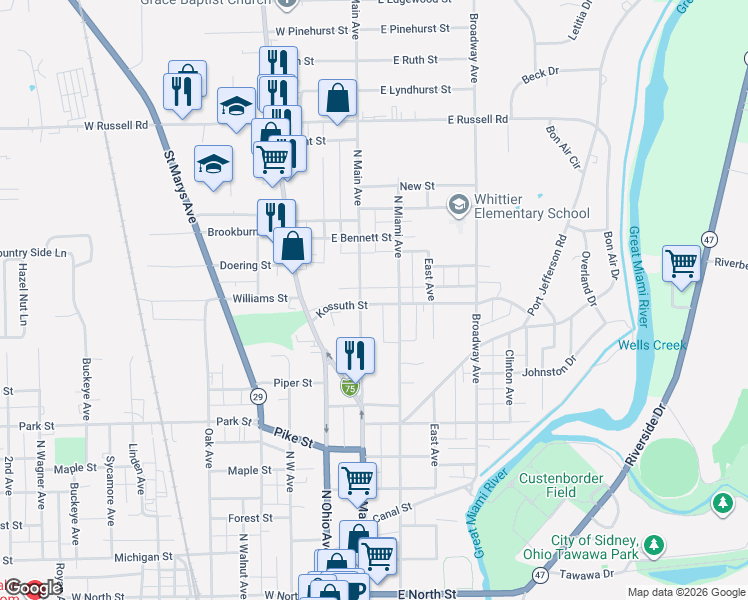 map of restaurants, bars, coffee shops, grocery stores, and more near 215 Kossuth Street in Sidney