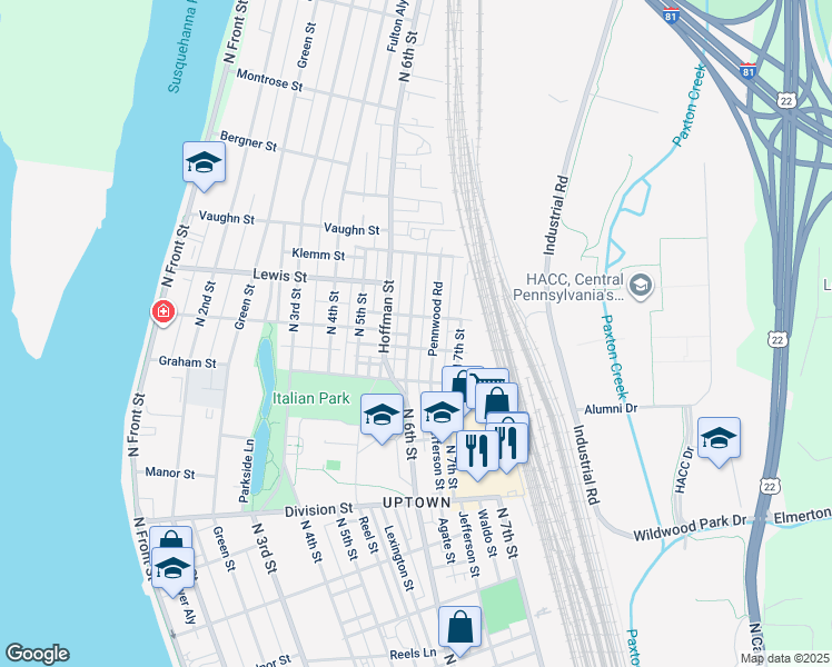 map of restaurants, bars, coffee shops, grocery stores, and more near 3113 North 6th Street in Harrisburg