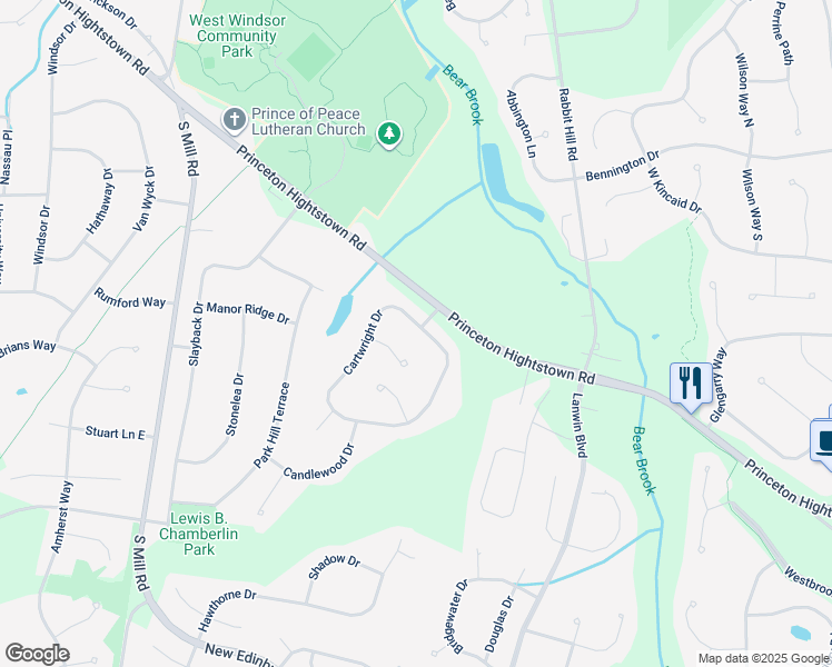 map of restaurants, bars, coffee shops, grocery stores, and more near 1 Cartwright Drive in West Windsor Township