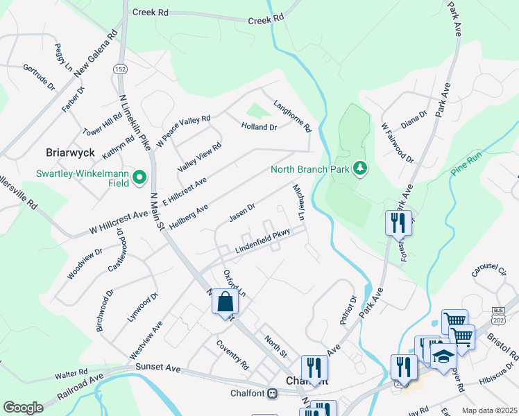 map of restaurants, bars, coffee shops, grocery stores, and more near 72 Jasen Drive in Chalfont