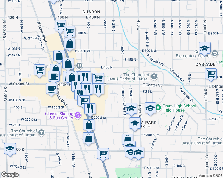 map of restaurants, bars, coffee shops, grocery stores, and more near 250 East Center Street in Orem