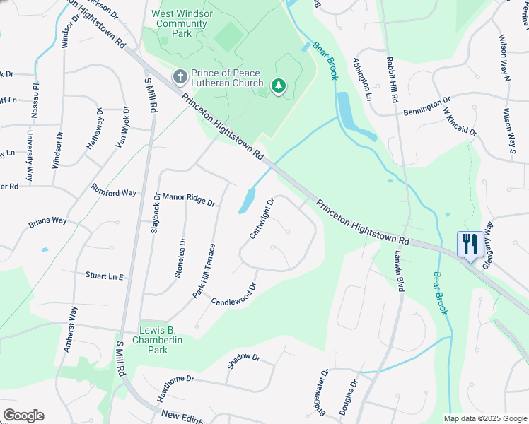 map of restaurants, bars, coffee shops, grocery stores, and more near 1 Cartwright Drive in West Windsor Township