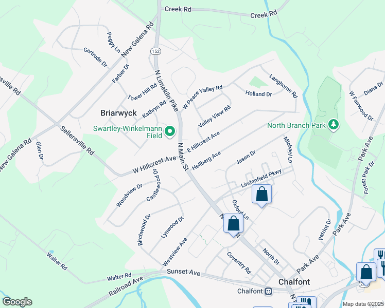 map of restaurants, bars, coffee shops, grocery stores, and more near 10 East Hillcrest Avenue in Chalfont