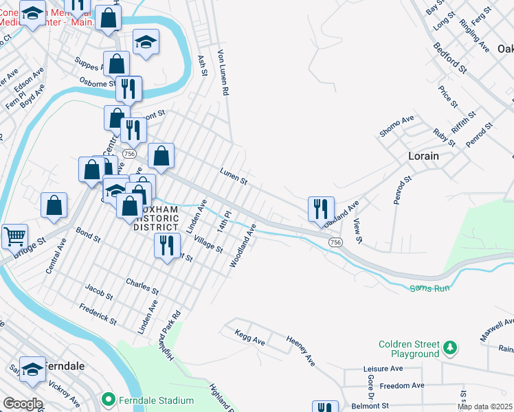 map of restaurants, bars, coffee shops, grocery stores, and more near 425 Woodland Avenue in Johnstown