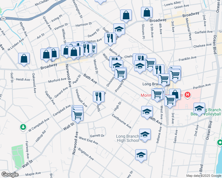 map of restaurants, bars, coffee shops, grocery stores, and more near 388 Bath Avenue in Long Branch
