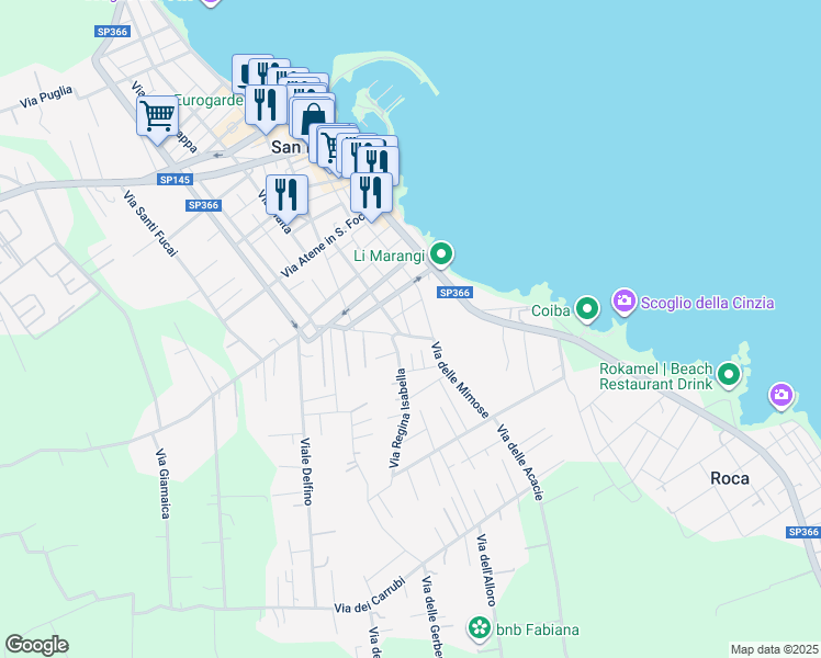 map of restaurants, bars, coffee shops, grocery stores, and more near 2 Via Regina Isabella in San Foca