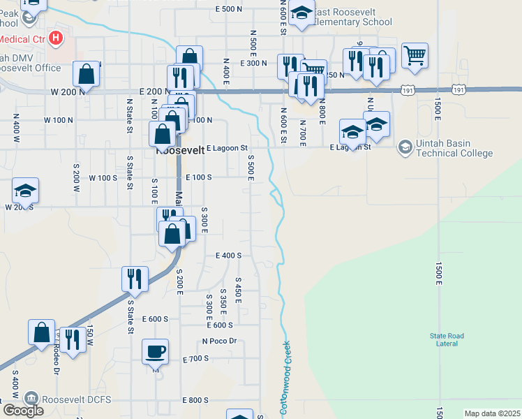 map of restaurants, bars, coffee shops, grocery stores, and more near 145 South 500 East in Roosevelt
