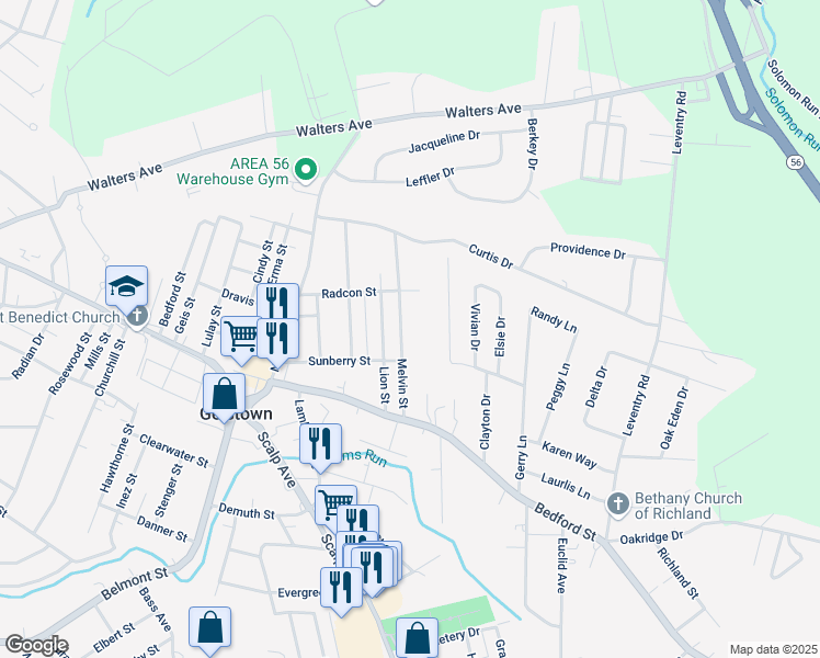 map of restaurants, bars, coffee shops, grocery stores, and more near 202-204 Melvin Street in Johnstown