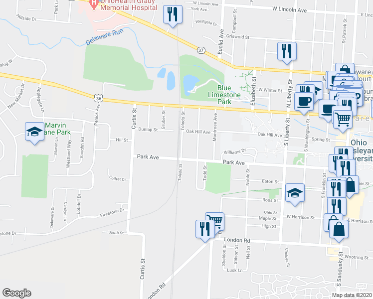 map of restaurants, bars, coffee shops, grocery stores, and more near 363 Park Avenue in Delaware