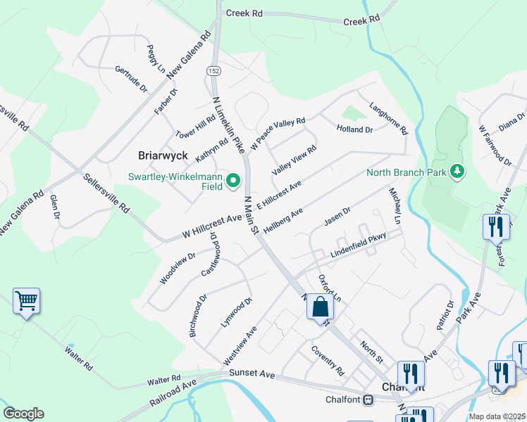 map of restaurants, bars, coffee shops, grocery stores, and more near 10 East Hillcrest Avenue in Chalfont