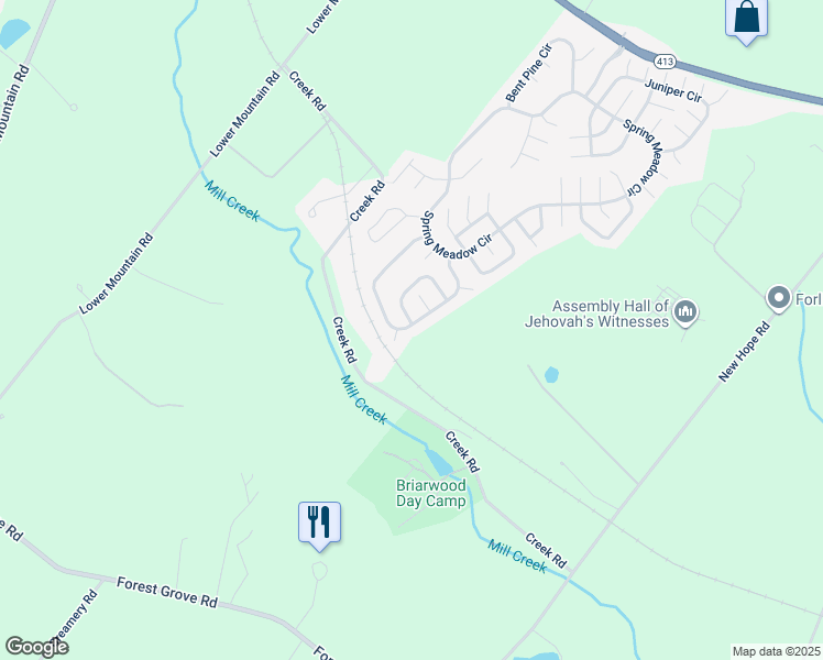 map of restaurants, bars, coffee shops, grocery stores, and more near 275 Countryside Circle in New Hope