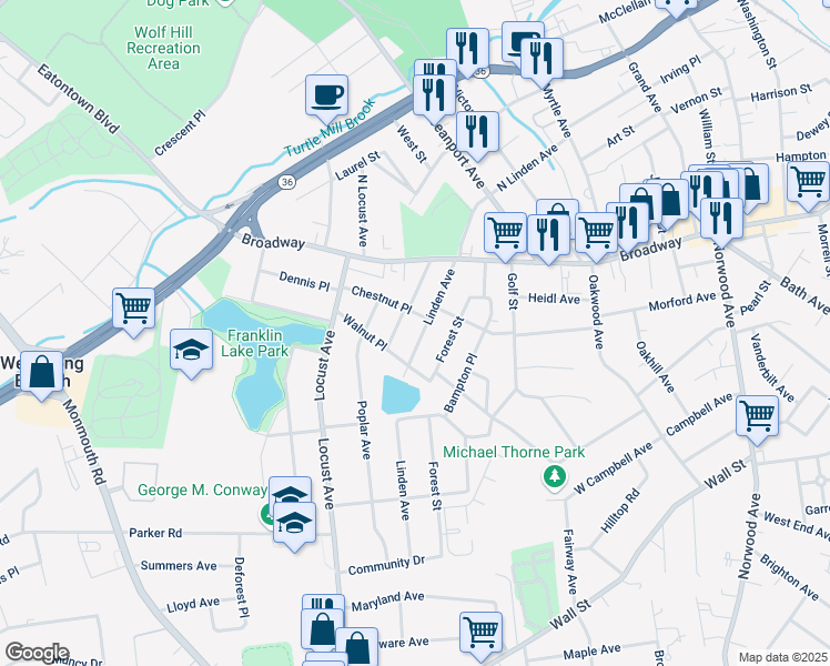 map of restaurants, bars, coffee shops, grocery stores, and more near 37 Linden Avenue in West Long Branch