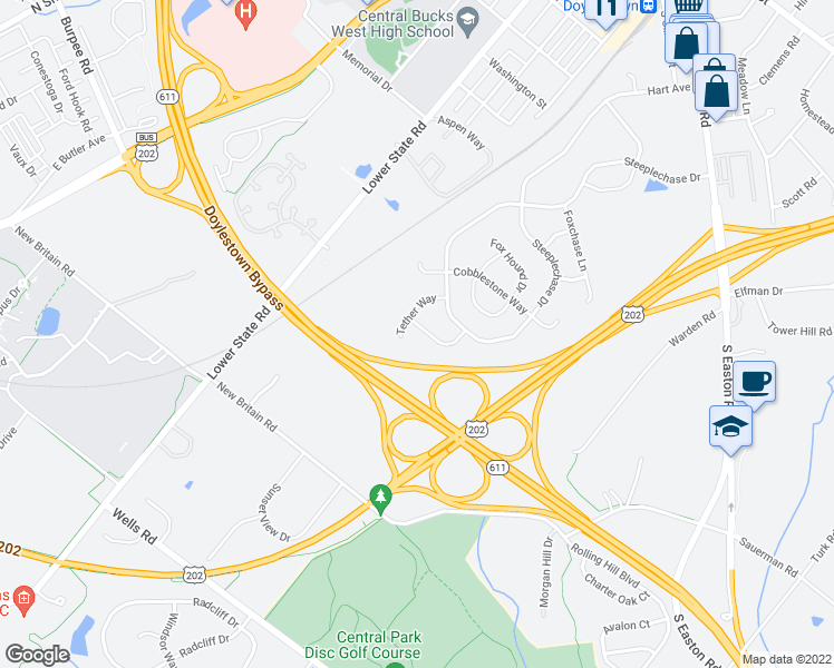 map of restaurants, bars, coffee shops, grocery stores, and more near 315 Hedgerow Lane in Doylestown