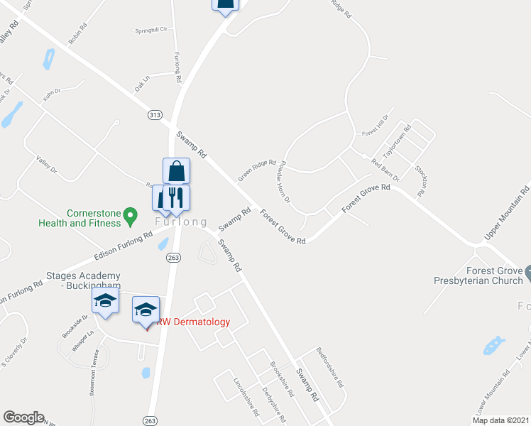 map of restaurants, bars, coffee shops, grocery stores, and more near 2319 Forest Grove Road in Furlong