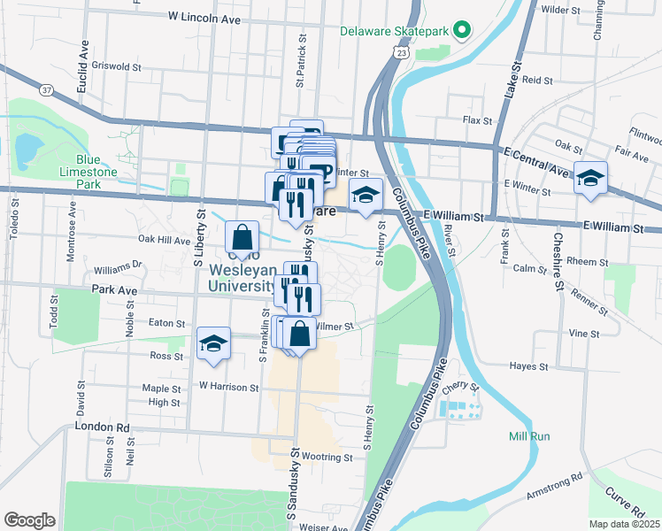 map of restaurants, bars, coffee shops, grocery stores, and more near 61 South Sandusky Street in Delaware