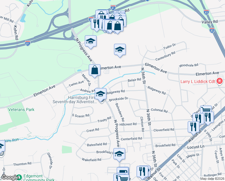map of restaurants, bars, coffee shops, grocery stores, and more near 3408 Brookside Drive in Harrisburg