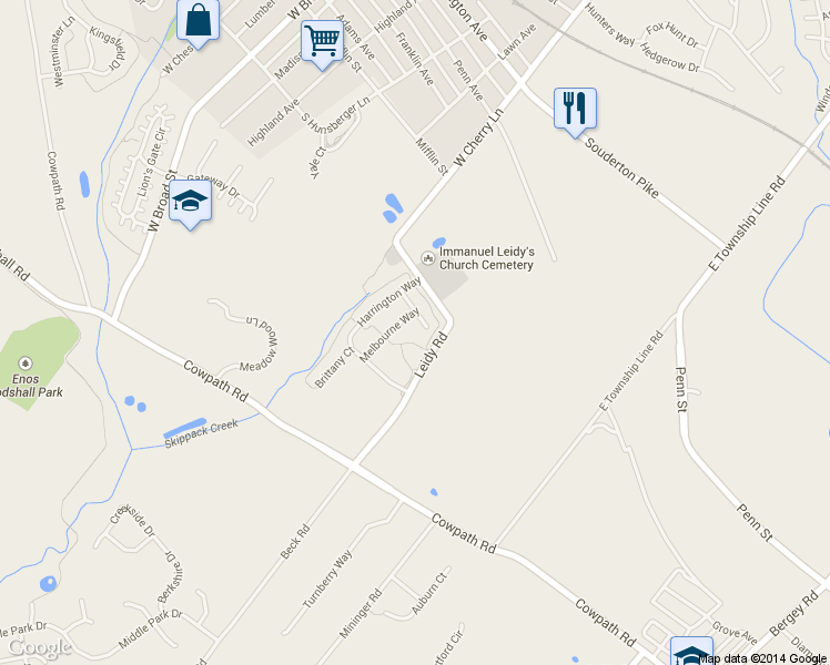map of restaurants, bars, coffee shops, grocery stores, and more near 293 Lindsay Lane in Souderton