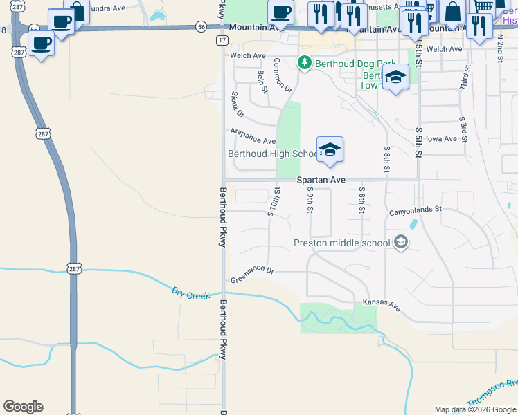 map of restaurants, bars, coffee shops, grocery stores, and more near 1105 Blue Bell Road in Berthoud