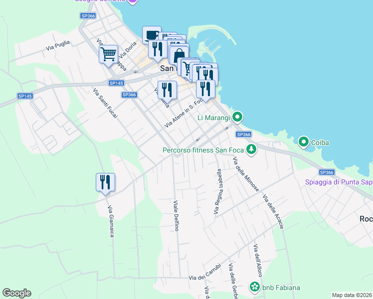 map of restaurants, bars, coffee shops, grocery stores, and more near 52 Via Martiri Belfiore in San Foca