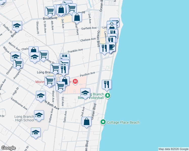 map of restaurants, bars, coffee shops, grocery stores, and more near 19 Arthur Avenue in Long Branch