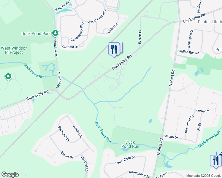 map of restaurants, bars, coffee shops, grocery stores, and more near 20109 Heather Drive in West Windsor Township