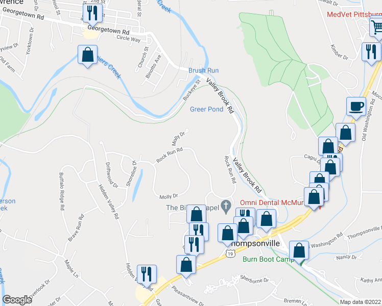map of restaurants, bars, coffee shops, grocery stores, and more near 204 Rock Run Road in Canonsburg
