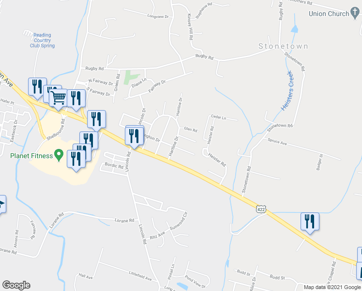 map of restaurants, bars, coffee shops, grocery stores, and more near 6103 Washington Dr in Reading