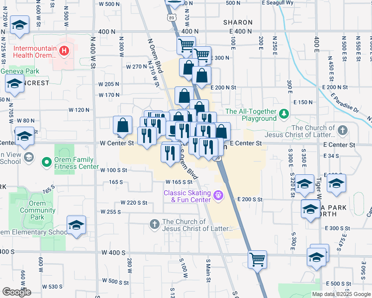 map of restaurants, bars, coffee shops, grocery stores, and more near 51 Center Street in Orem