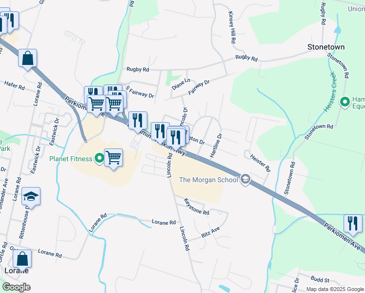 map of restaurants, bars, coffee shops, grocery stores, and more near 5800 Perkiomen Avenue in Birdsboro