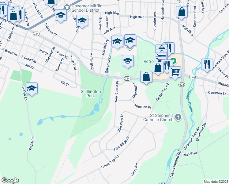 map of restaurants, bars, coffee shops, grocery stores, and more near 213 New Castle Drive in Shillington