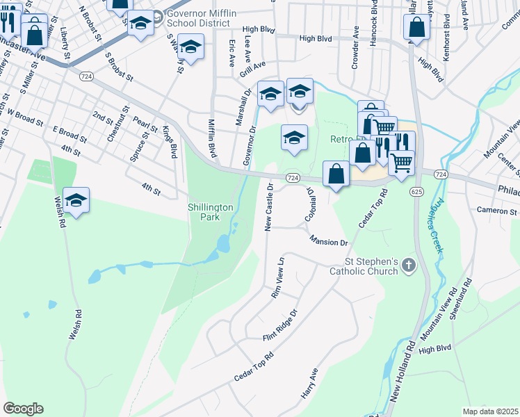 map of restaurants, bars, coffee shops, grocery stores, and more near 213 New Castle Drive in Shillington