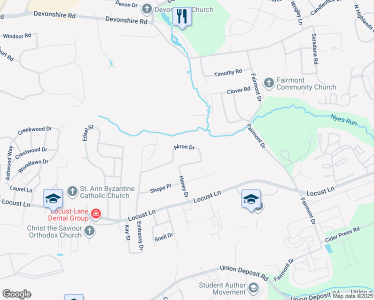 map of restaurants, bars, coffee shops, grocery stores, and more near 5625 Akron Drive in Harrisburg