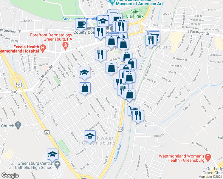 map of restaurants, bars, coffee shops, grocery stores, and more near 519 Sidney Street in Greensburg