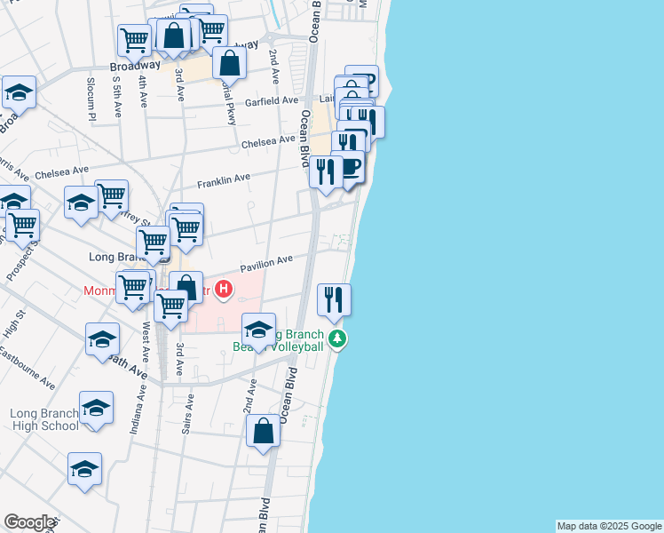 map of restaurants, bars, coffee shops, grocery stores, and more near 10 Pavilion Avenue in Long Branch