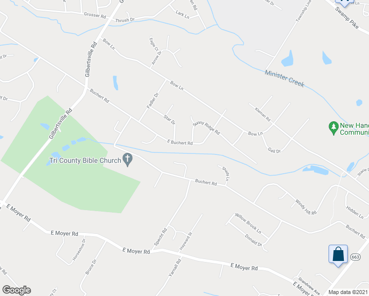 map of restaurants, bars, coffee shops, grocery stores, and more near 212 East Buchert Road in Gilbertsville