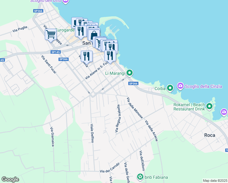 map of restaurants, bars, coffee shops, grocery stores, and more near 18 Via dell'Aviere in San Foca