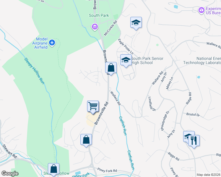 map of restaurants, bars, coffee shops, grocery stores, and more near 2351 Brownsville Road in South Park Township