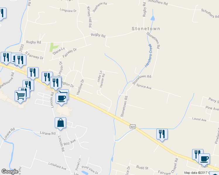 map of restaurants, bars, coffee shops, grocery stores, and more near 126 Heister Road in Birdsboro