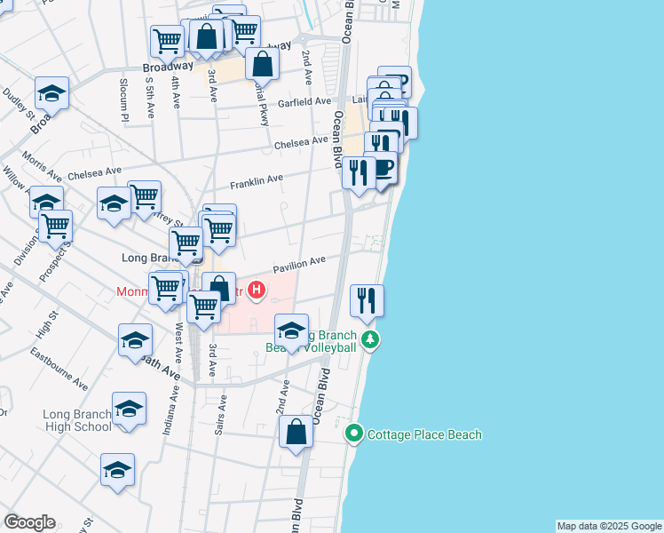 map of restaurants, bars, coffee shops, grocery stores, and more near 47 Pavilion Avenue in Long Branch