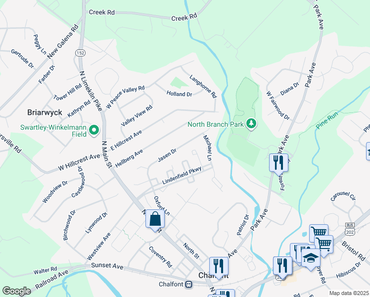 map of restaurants, bars, coffee shops, grocery stores, and more near 80 Jasen Drive in Chalfont