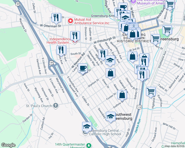 map of restaurants, bars, coffee shops, grocery stores, and more near 534 Grove Street in Greensburg