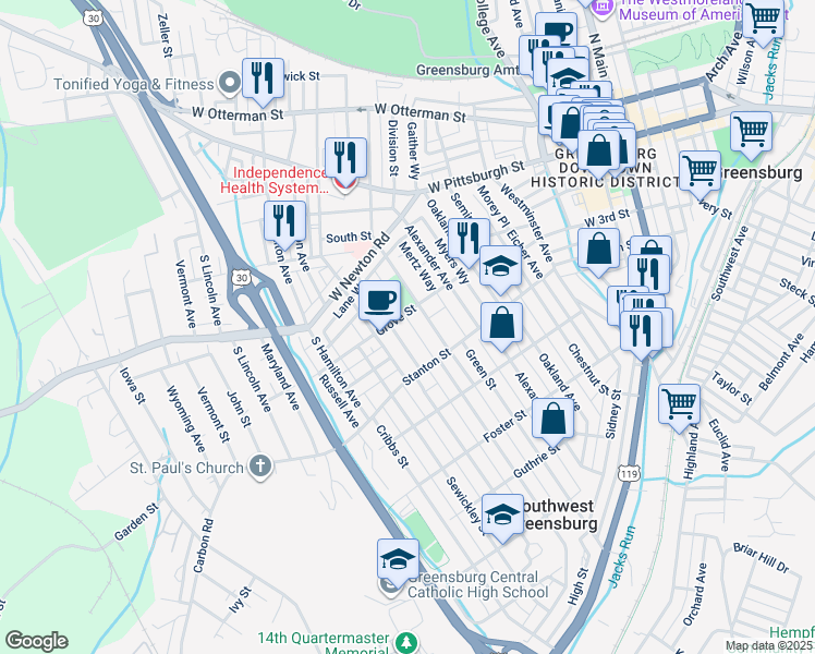 map of restaurants, bars, coffee shops, grocery stores, and more near 534 Grove Street in Greensburg