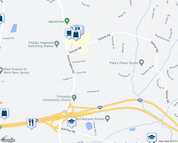 map of restaurants, bars, coffee shops, grocery stores, and more near Crest Avenue in Pennington