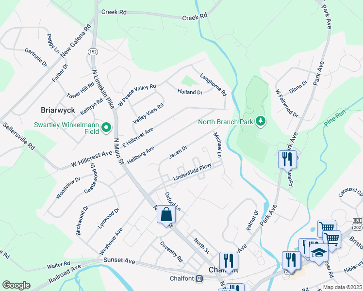 map of restaurants, bars, coffee shops, grocery stores, and more near 63 Jasen Drive in Chalfont